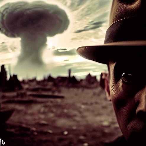 Düster blickender Mann vor einem Atompilz